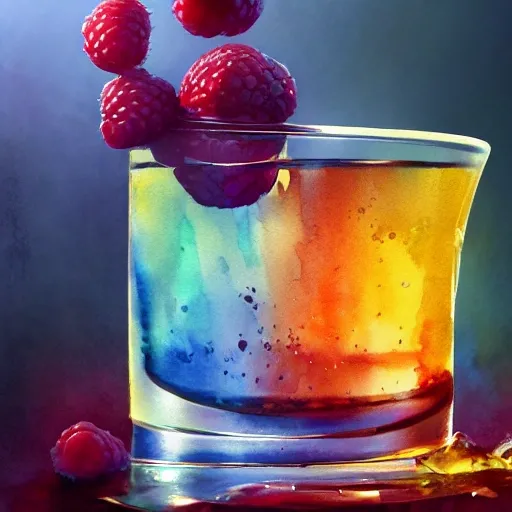 a shot glass with raspbery liquor, watercolor, warm colors, by greg rutkowski, iridescent accents, ray tracing, product lighting, sharp, smooth, masterpiece