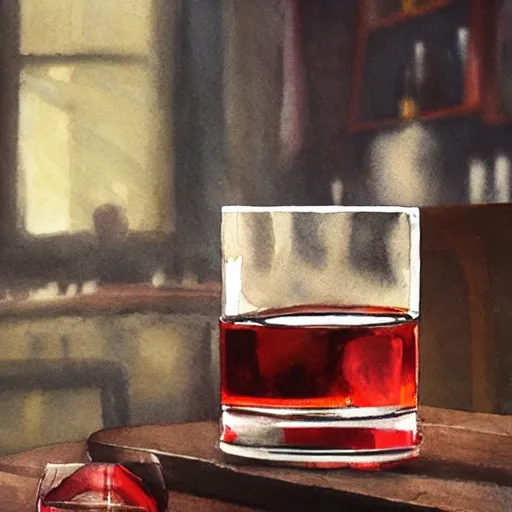 shot glass with a red liquor, on the table, in a cozy pub, watercolor, warm colors, by greg rutkowski, iridescent accents, ray tracing, product lighting, sharp, smooth, masterpiece