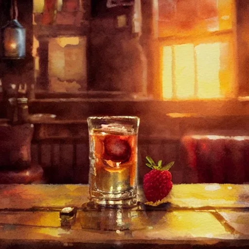 Shot glass filled with raspbery liquor, on the table, in the cozy pub, product lighting, watercolor, style brad mesina, Anton Fadeev, thomas kinkade, greg rutkowski, Water Color, product lighting