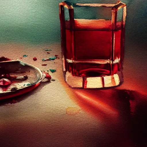 On the table there is a shot glass filled with red liquor. Centered composition, product lighting, watercolor, style brad mesina, Anton Fadeev, thomas kinkade, greg rutkowski, Water Color, product lighting