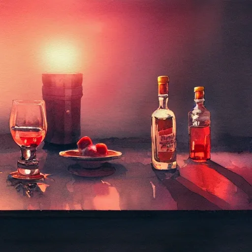 On the table there is a shot glass filled with red liquor. Centered composition, product lighting, watercolor, style brad mesina, Anton Fadeev, thomas kinkade, greg rutkowski, Water Color, product lighting