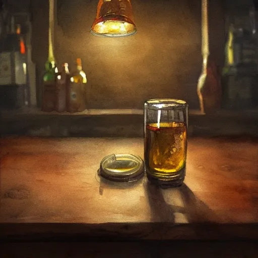 Shot glass filled with raspbery liquor, on the table, in the cozy pub, product lighting, watercolor, style brad mesina, Anton Fadeev, thomas kinkade, greg rutkowski, Water Color, product lighting