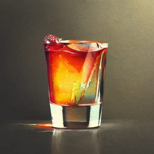 a shot glass with raspbery liquor, watercolor, warm colors, by greg rutkowski, iridescent accents, ray tracing, product lighting, sharp, smooth, masterpiece