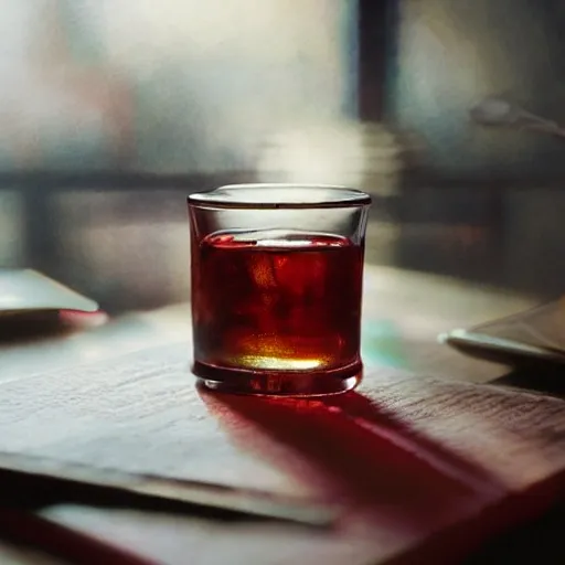 shot glass with a red liquor, on the table, in a cozy pub, watercolor, warm colors, by greg rutkowski, iridescent accents, ray tracing, product lighting, sharp, smooth, masterpiece