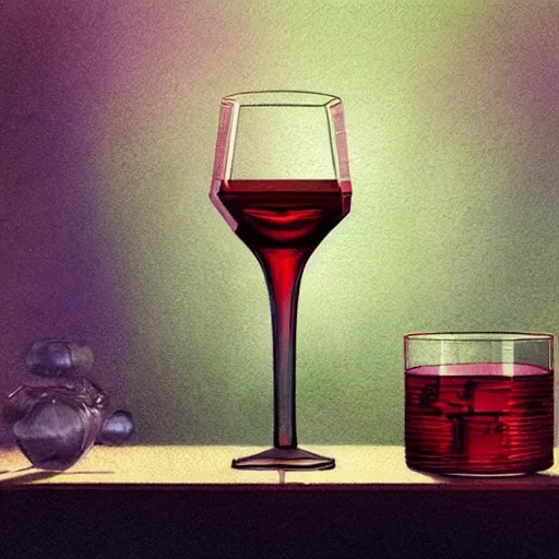 a small crystal glasses with light-red liqueur. Faceted sides, a delicate stem for the glass, watercolor, product lighting, style Anton Fadeev, thomas kinkade, greg rutkowski