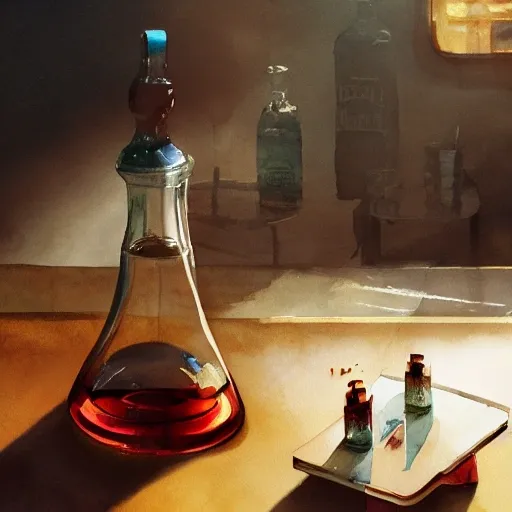 On the table there is a shot glasses filled with liquor. Centered composition, watercolor, warm colors, by greg rutkowski, iridescent accents, ray tracing, product lighting, sharp, smooth, masterpiece