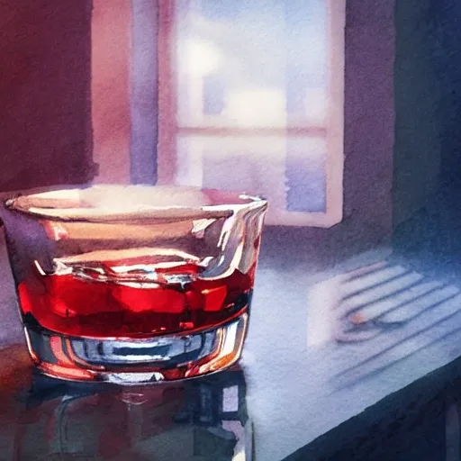 On the table there is a shot glass filled with red liquor. Centered composition, product lighting, watercolor, style brad mesina, Anton Fadeev, thomas kinkade, greg rutkowski, Water Color, product lighting