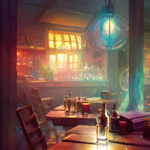 Shot glass filled with raspbery liquor, on the table, in the cozy pub, product lighting, watercolor, style brad mesina, Anton Fadeev, thomas kinkade, greg rutkowski, Water Color, product lighting