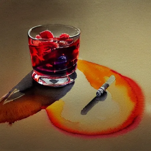 a shot glass with raspbery liquor, watercolor, warm colors, by greg rutkowski, iridescent accents, ray tracing, product lighting, sharp, smooth, masterpiece