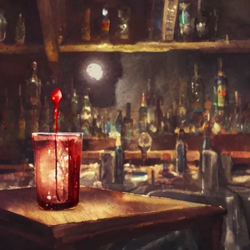 shot glass with a red liquor, on the table, in a cozy pub, watercolor, warm colors, by greg rutkowski, iridescent accents, ray tracing, product lighting, sharp, smooth, masterpiece