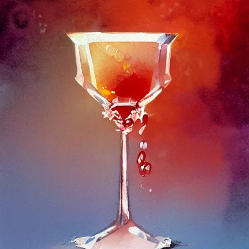 a small crystal glasses with light-red liqueur. Faceted sides, a delicate stem for the glass, watercolor, product lighting, style Anton Fadeev, thomas kinkade, greg rutkowski