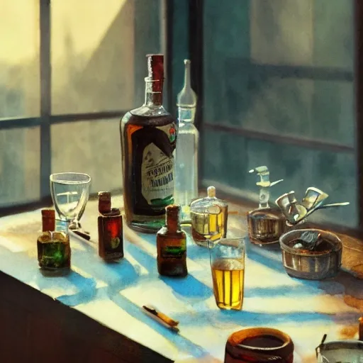 On the table there is a shot glasses filled with liquor. Centered composition, watercolor, warm colors, by greg rutkowski, iridescent accents, ray tracing, product lighting, sharp, smooth, masterpiece