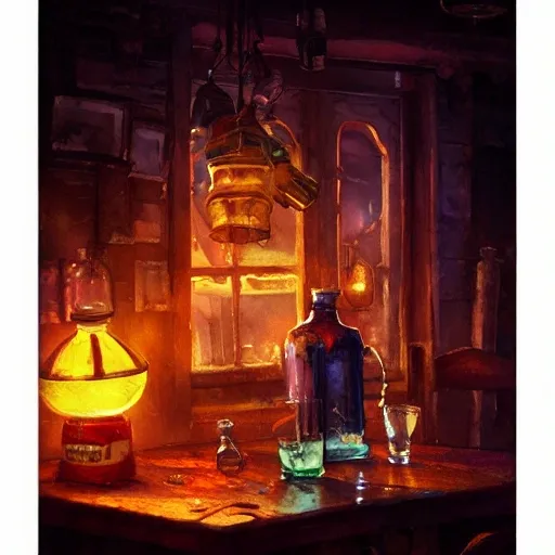 Shot glass filled with raspbery liquor, on the table, in the cozy pub, product lighting, watercolor, style brad mesina, Anton Fadeev, thomas kinkade, greg rutkowski, Water Color, product lighting