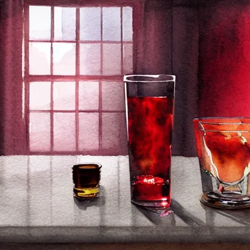 On the table there is a shot glass filled with red liquor. Centered composition, product lighting, watercolor, style brad mesina, Anton Fadeev, thomas kinkade, greg rutkowski, Water Color, product lighting