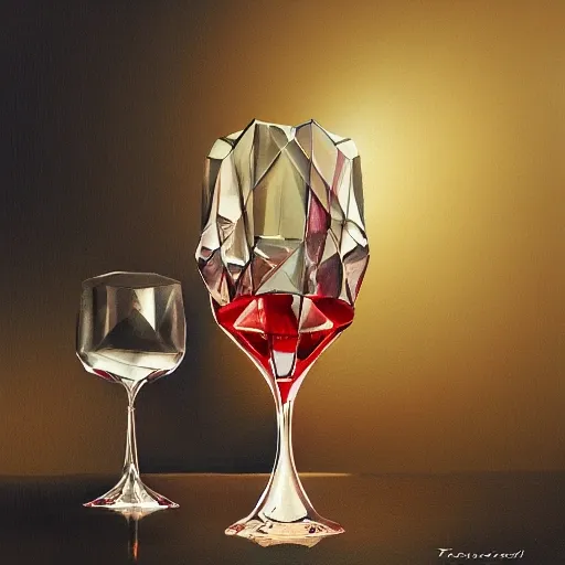 a small crystal glasses with light-red liqueur. Faceted sides, a delicate stem for the glass, watercolor, product lighting, style Anton Fadeev, thomas kinkade, greg rutkowski