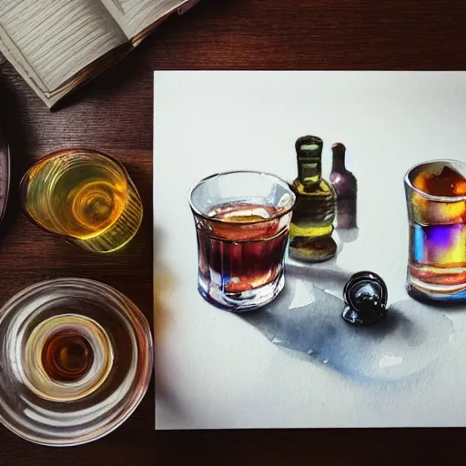 On the table there is a shot glasses filled with liquor. Centered composition, watercolor, warm colors, by greg rutkowski, iridescent accents, ray tracing, product lighting, sharp, smooth, masterpiece