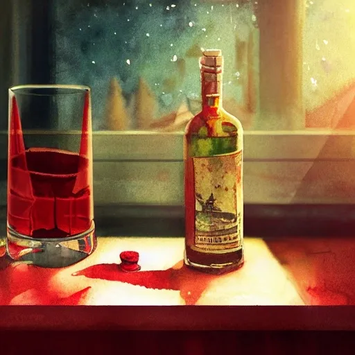 On the table there is a shot glass filled with red liquor. Centered composition, product lighting, watercolor, style brad mesina, Anton Fadeev, thomas kinkade, greg rutkowski, Water Color, product lighting