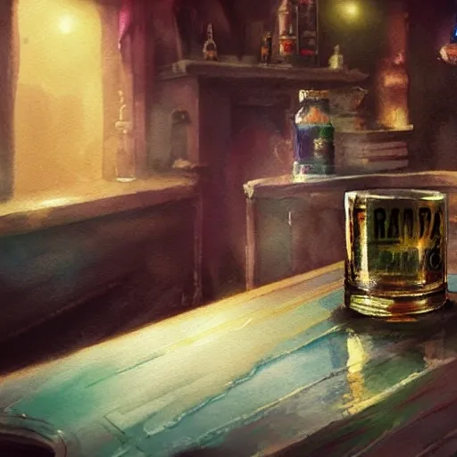 Shot glass filled with raspbery liquor, on the table, in the cozy pub, product lighting, watercolor, style brad mesina, Anton Fadeev, thomas kinkade, greg rutkowski, Water Color, product lighting