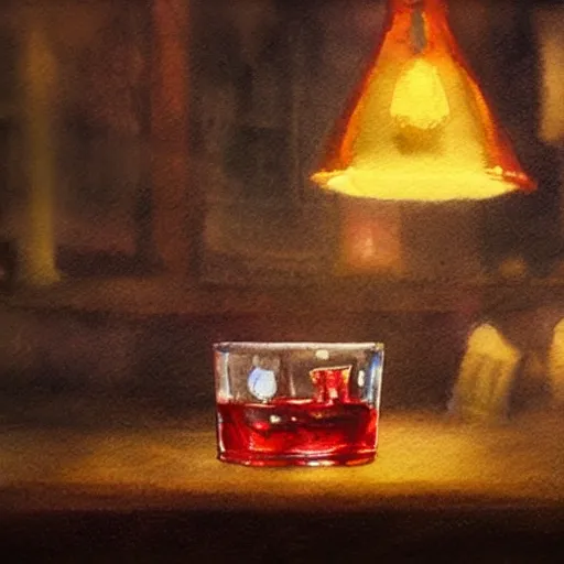 shot glass with a red liquor, on the table, in a cozy pub, watercolor, warm colors, by greg rutkowski, iridescent accents, ray tracing, product lighting, sharp, smooth, masterpiece