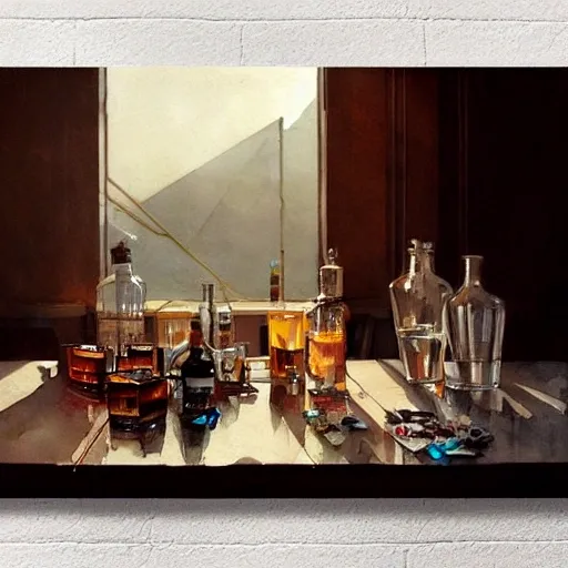 On the table there is a shot glasses filled with liquor. Centered composition, watercolor, warm colors, by greg rutkowski, iridescent accents, ray tracing, product lighting, sharp, smooth, masterpiece