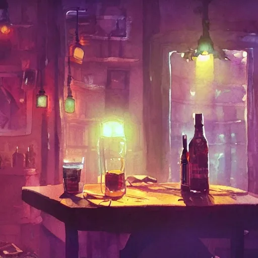 Shot glass filled with raspbery liquor, on the table, in the cozy pub, product lighting, watercolor, style brad mesina, Anton Fadeev, thomas kinkade, greg rutkowski, Water Color, product lighting