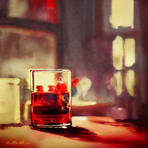 On the table there is a shot glass filled with red liquor. Centered composition, product lighting, watercolor, style brad mesina, Anton Fadeev, thomas kinkade, greg rutkowski, Water Color, product lighting