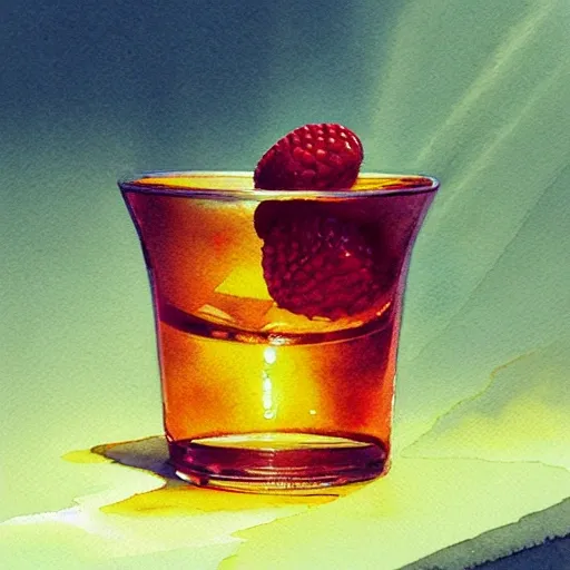 a shot glass with raspbery liquor, watercolor, warm colors, by greg rutkowski, iridescent accents, ray tracing, product lighting, sharp, smooth, masterpiece