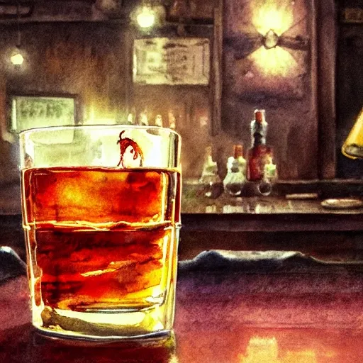 shot glass with a red liquor, on the table, in a cozy pub, watercolor, warm colors, by greg rutkowski, iridescent accents, ray tracing, product lighting, sharp, smooth, masterpiece