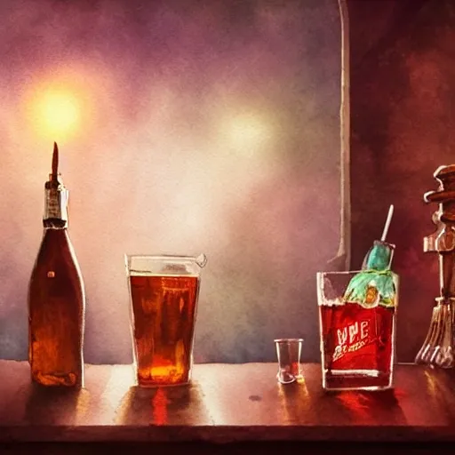 Shot glass filled with raspbery liquor, on the table, in the cozy pub, product lighting, watercolor, style brad mesina, Anton Fadeev, thomas kinkade, greg rutkowski, Water Color, product lighting