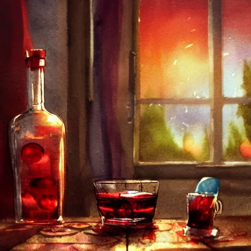 On the table there is a shot glass filled with red liquor. Centered composition, product lighting, watercolor, style brad mesina, Anton Fadeev, thomas kinkade, greg rutkowski, Water Color, product lighting