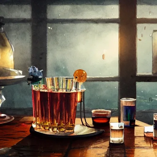 On the table there is a shot glasses filled with liquor. Centered composition, watercolor, warm colors, by greg rutkowski, iridescent accents, ray tracing, product lighting, sharp, smooth, masterpiece