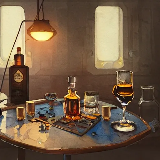 On the table there is a shot glasses filled with liquor. Centered composition, watercolor, warm colors, by greg rutkowski, iridescent accents, ray tracing, product lighting, sharp, smooth, masterpiece