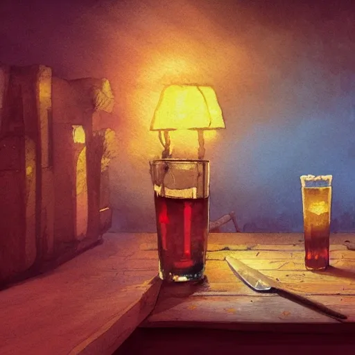 Shot glass filled with raspbery liquor, on the table, in the cozy pub, product lighting, watercolor, style brad mesina, Anton Fadeev, thomas kinkade, greg rutkowski, Water Color, product lighting