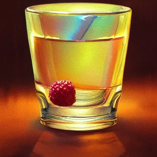 a shot glass with raspbery liquor, watercolor, warm colors, by greg rutkowski, iridescent accents, ray tracing, product lighting, sharp, smooth, masterpiece