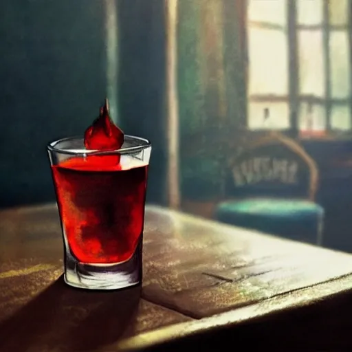 shot glass with a red liquor, on the table, in a cozy pub, watercolor, warm colors, by greg rutkowski, iridescent accents, ray tracing, product lighting, sharp, smooth, masterpiece