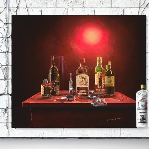 On the table there is a shot glass filled with red liquor. Centered composition, product lighting, watercolor, style brad mesina, Anton Fadeev, thomas kinkade, greg rutkowski, Water Color, product lighting