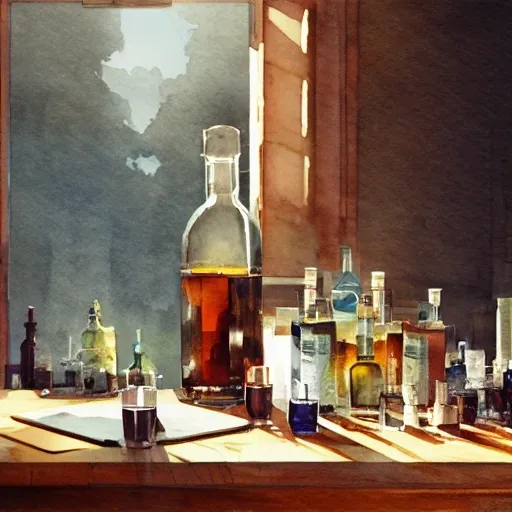 On the table there is a shot glasses filled with liquor. Centered composition, watercolor, warm colors, by greg rutkowski, iridescent accents, ray tracing, product lighting, sharp, smooth, masterpiece