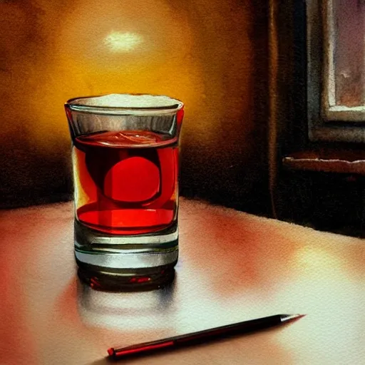 shot glass with a red liquor, on the table, in a cozy pub, watercolor, warm colors, by greg rutkowski, iridescent accents, ray tracing, product lighting, sharp, smooth, masterpiece