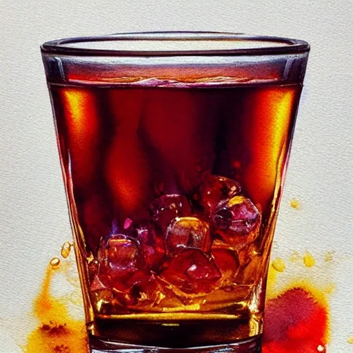 a shot glass with raspbery liquor, watercolor, warm colors, by greg rutkowski, iridescent accents, ray tracing, product lighting, sharp, smooth, masterpiece