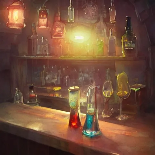 Shot glass filled with raspbery liquor, on the table, in the cozy pub, product lighting, watercolor, style brad mesina, Anton Fadeev, thomas kinkade, greg rutkowski, Water Color, product lighting