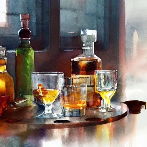 On the table there is a shot glasses filled with liquor. Centered composition, watercolor, warm colors, by greg rutkowski, iridescent accents, ray tracing, product lighting, sharp, smooth, masterpiece