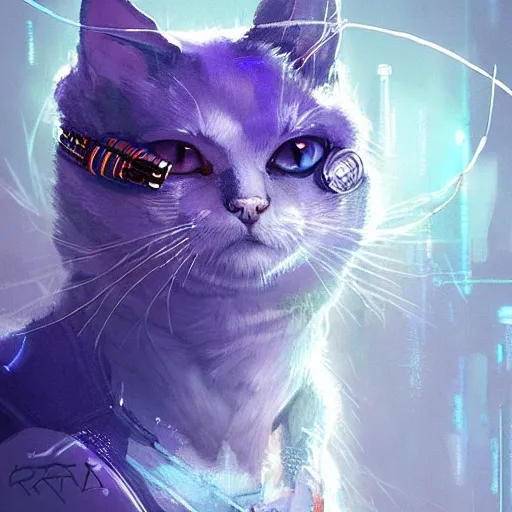 a beautiful portrait of a cute cyberpunk cat by greg rutkowski and wlop, purple blue color scheme, high key lighting, digital art, highly detailed, fine detail, intricate, ornate, complex , 3D, Pencil Sketch, 3D