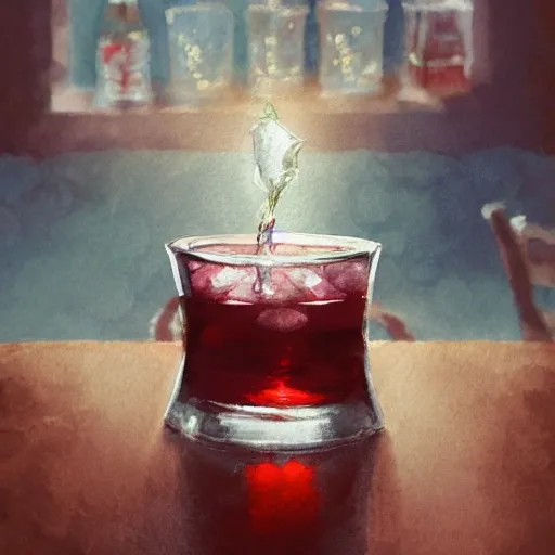 Shot glass filled with raspbery liquor, on the table, in the cozy pub, product lighting, watercolor, style brad mesina, Anton Fadeev, thomas kinkade, greg rutkowski, Water Color, product lighting