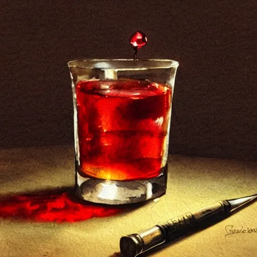 shot glass with a red liquor, on the table, in a cozy pub, watercolor, warm colors, by greg rutkowski, iridescent accents, ray tracing, product lighting, sharp, smooth, masterpiece