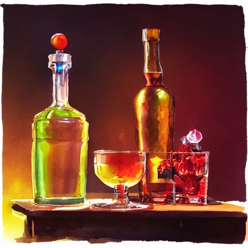 On the table there is a shot glass filled with red liquor. Centered composition, product lighting, watercolor, style brad mesina, Anton Fadeev, thomas kinkade, greg rutkowski, Water Color, product lighting