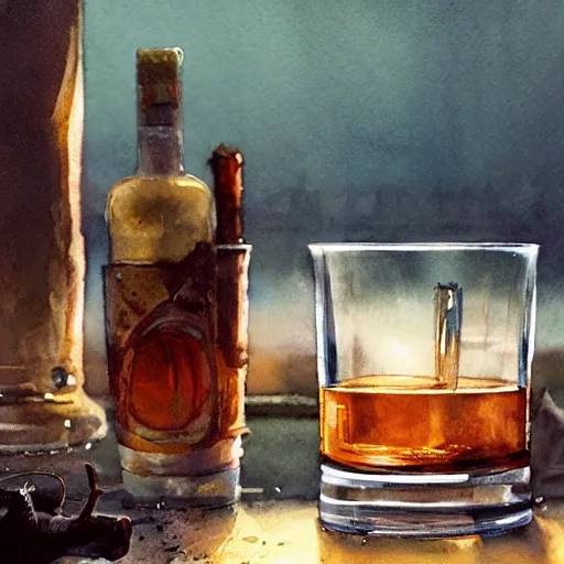 On the table there is a shot glasses filled with liquor. Centered composition, watercolor, warm colors, by greg rutkowski, iridescent accents, ray tracing, product lighting, sharp, smooth, masterpiece