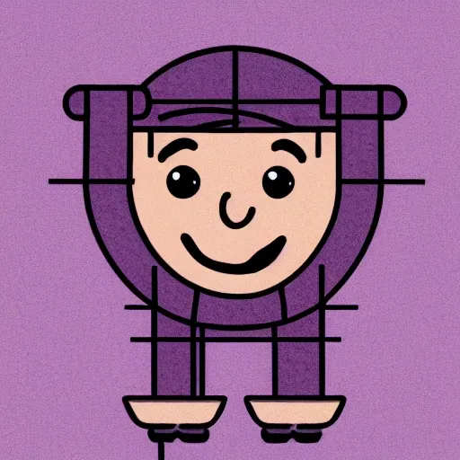 primitive simplified charismatic positive slightly sporty happy face drawn purple stylized character Jean in the gym, Cartoon