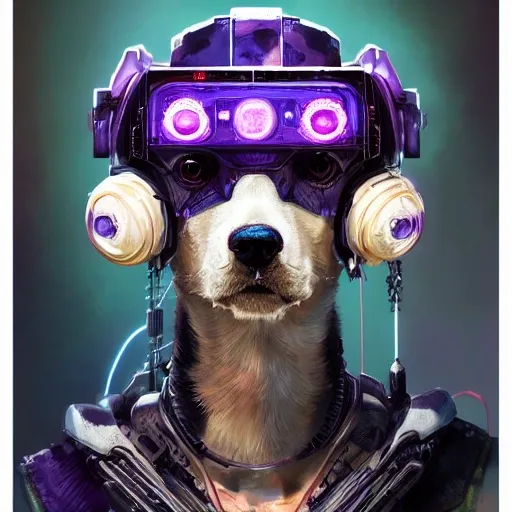 a beautiful portrait of a cute cyberpunk dog by sandra chevrier and greg rutkowski and wlop, purple blue color scheme, high key lighting, volumetric light, digital art, highly detailed, fine detail, intricate, ornate, complex, octane render, unreal engine, photorealistic 