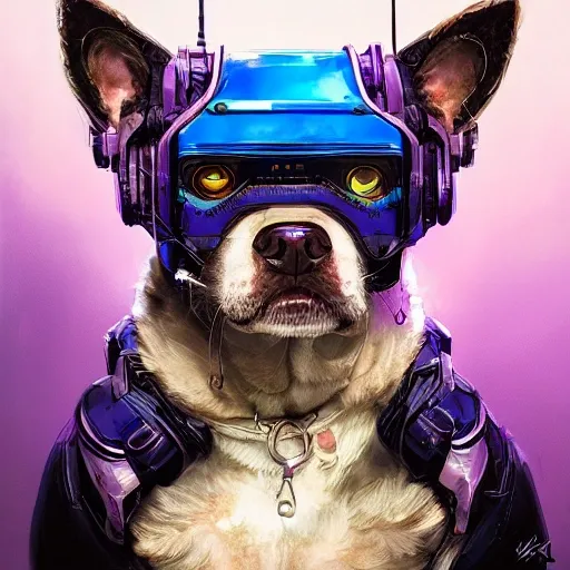 a beautiful portrait of a cute cyberpunk dog by sandra chevrier and greg rutkowski and wlop, purple blue color scheme, high key lighting, volumetric light, digital art, highly detailed, fine detail, intricate, ornate, complex, octane render, unreal engine, photorealistic 