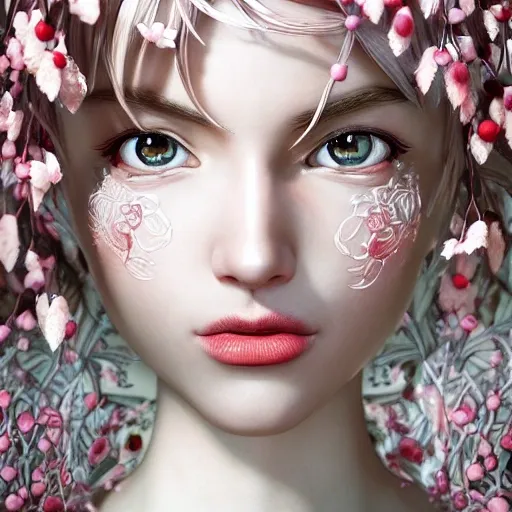 the portrait of the absurdly beautiful, graceful, elegant, gorgeous, fashionable photorealistic anime european woman made of cherries and white petals with tears, an ultrafine hyperrealistic illustration by kim jung gi, irakli nadar, intricate linework, bright colors, octopath traveler, final fantasy, unreal engine highly rendered, global illumination, radiant light, intricate environment